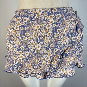 ❤️Patrons of Peace Blue Yellow Floral Ruffle Wrap Flowy Shorts L